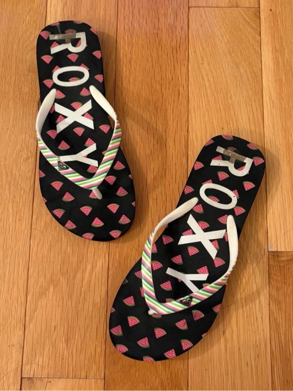 Roxy Black Flip Flops with Pink Watermelon Print and White Straps